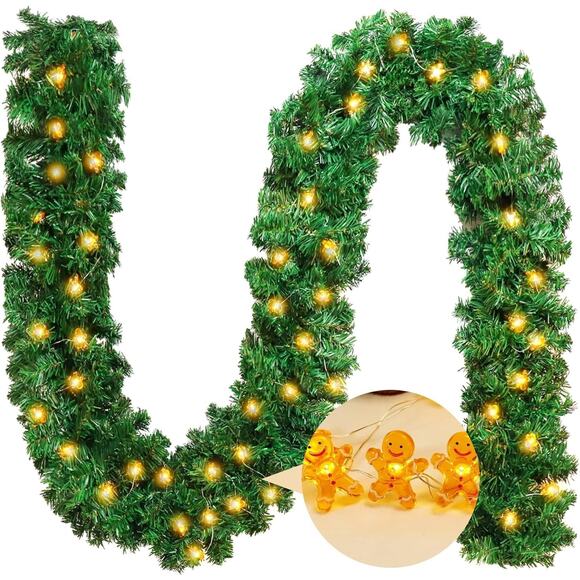 Unbranded Other - Christmas Garland with Lights, 9FT Artificial Pine with 50 Gingerbread Men